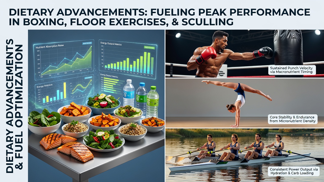 Athletes in boxing training, floor exercise routines, and sculling sessions demonstrating nutritional strategies for sustained performance