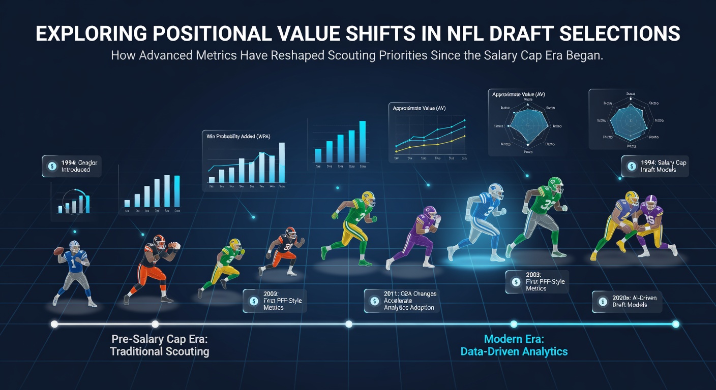 NFL draft board showing positional selections and advanced analytics charts from the salary cap era