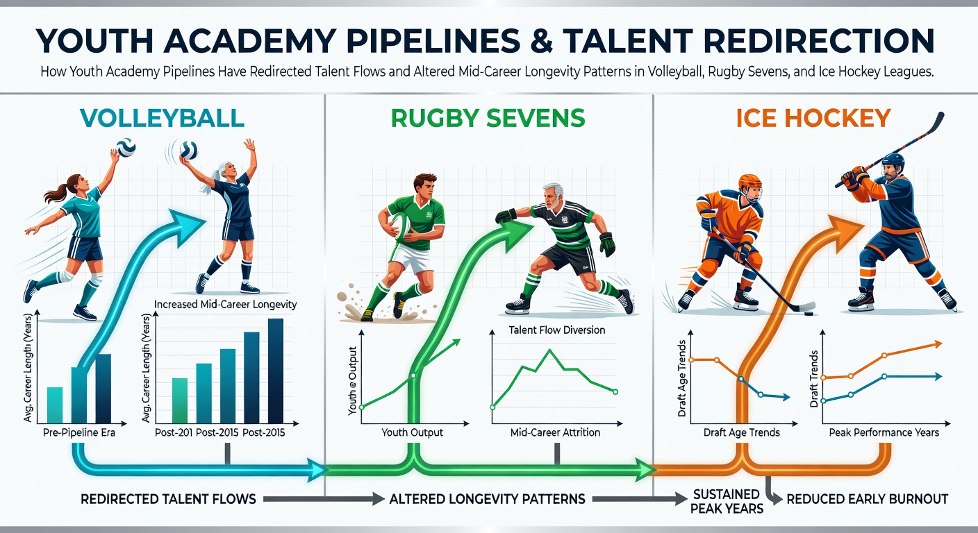 Youth athletes training in structured academy environments across volleyball, rugby sevens, and ice hockey programs