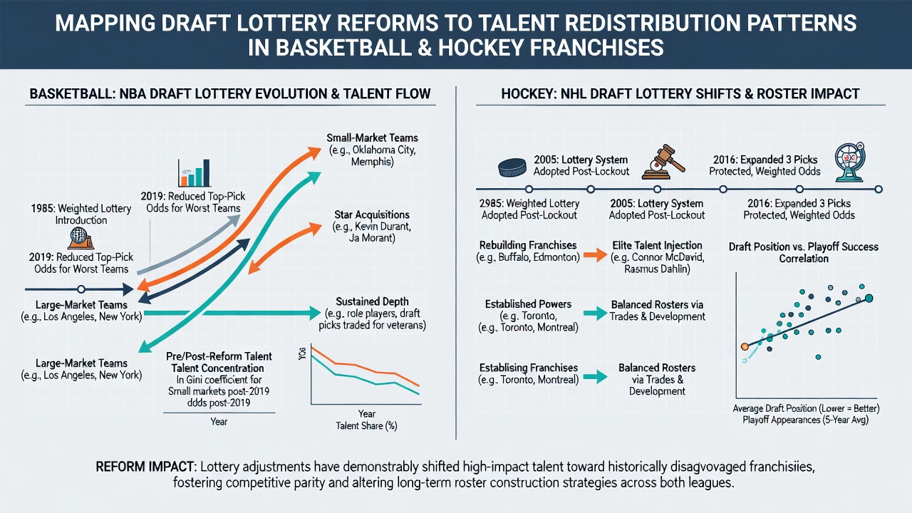 Comparative graphs of draft pick distribution in basketball and hockey leagues following lottery reforms