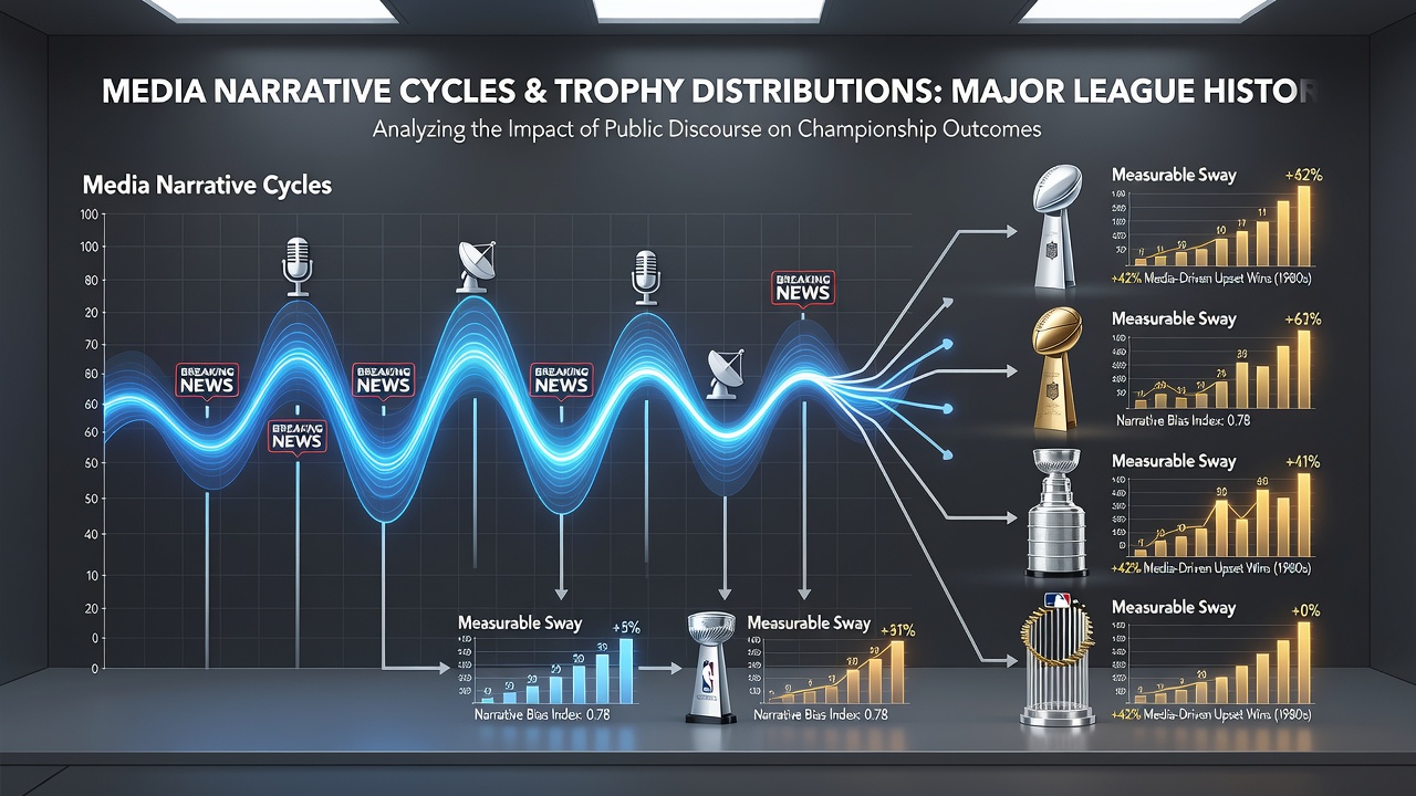 Historical trophy displays alongside archived media clippings illustrating narrative influence on award cycles