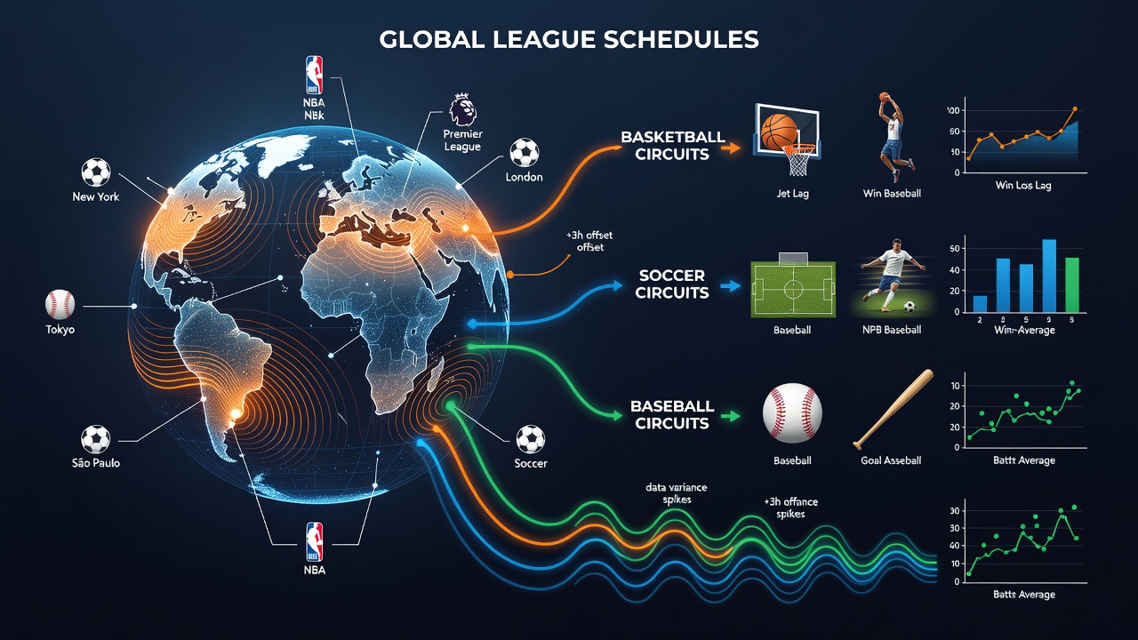 Global sports leagues adjusting schedules across multiple time zones with data overlays showing performance metrics