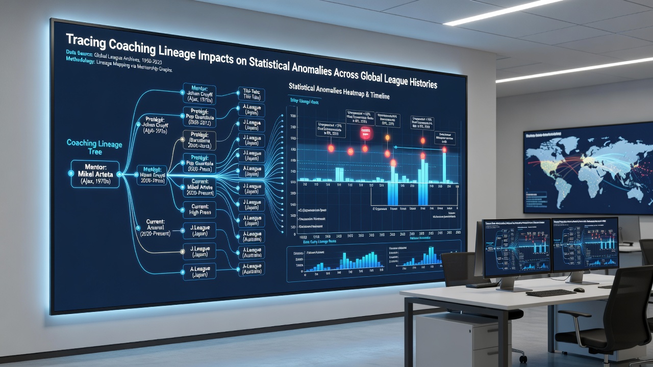 Global sports analysts comparing coaching trees and performance graphs on digital displays