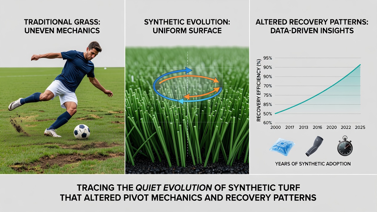 Modern synthetic turf field showing detailed fiber and infill structure used in soccer and football