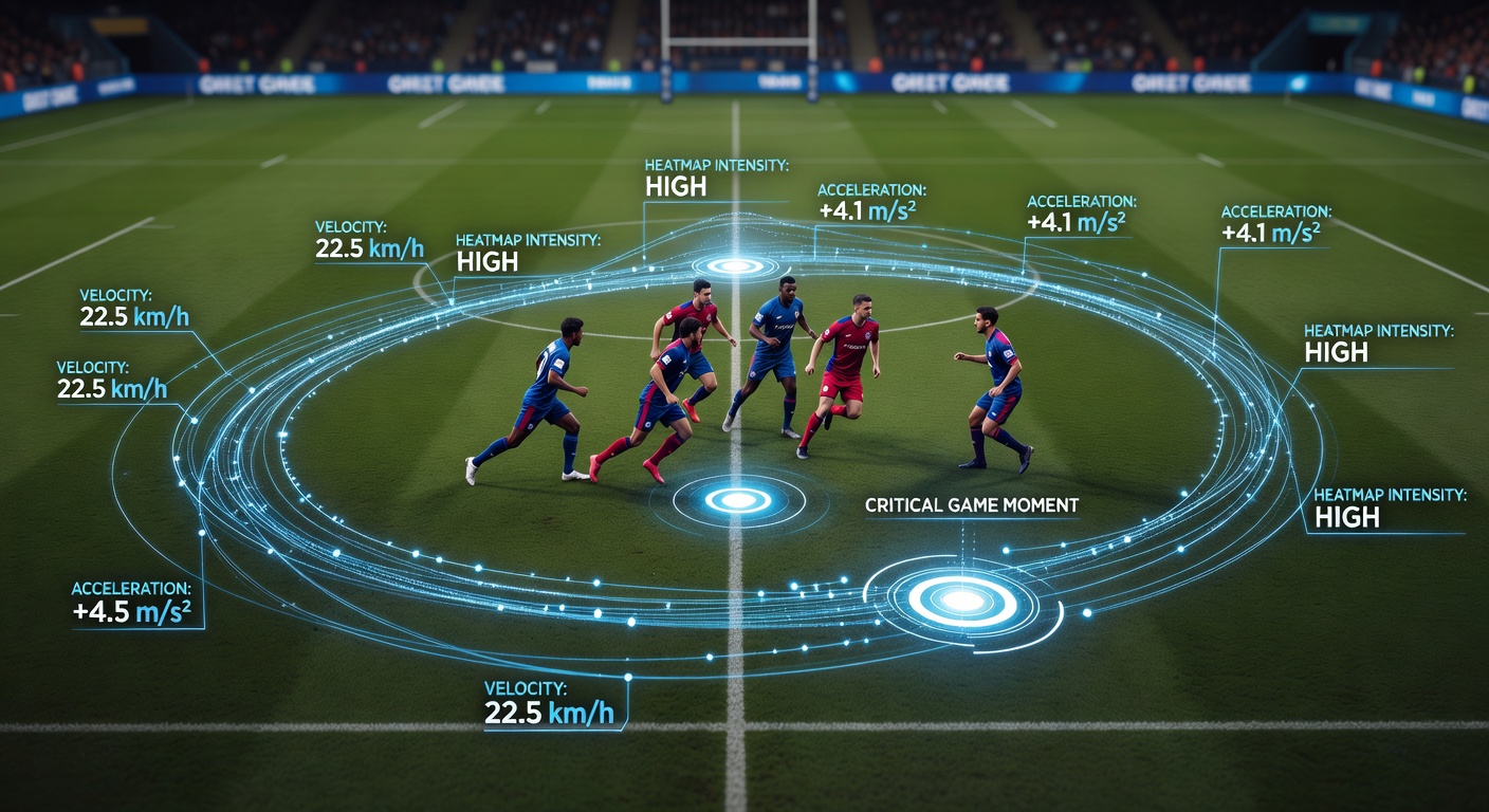 Player tracking devices and heatmaps showing movement intensity in a soccer match during high-pressure phases